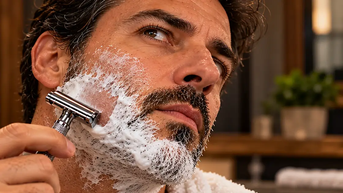 Homem a barbear o rosto com máquina de segurança e espuma, num ambiente de barbearia tradicional