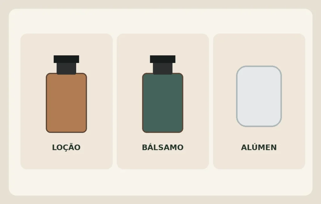Representação ilustrativa de loção, bálsamo e pedra de alúmen