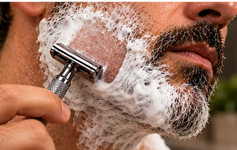 Homem a fazer a barba com máquina de segurança tradicional e espuma no rosto