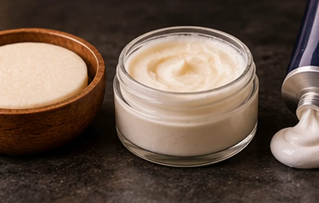 Sabão sólido, creme em boião e creme em tubo para barbear clássico