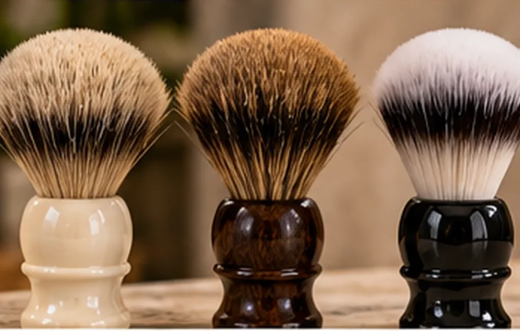Três pincéis tradicionais de barbear com fibras de características diferentes