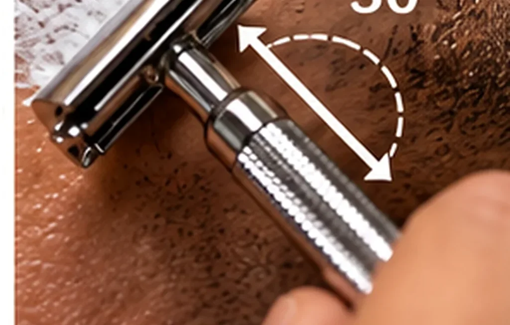 Ângulo da safety razor aplicado suavemente sobre a barba.