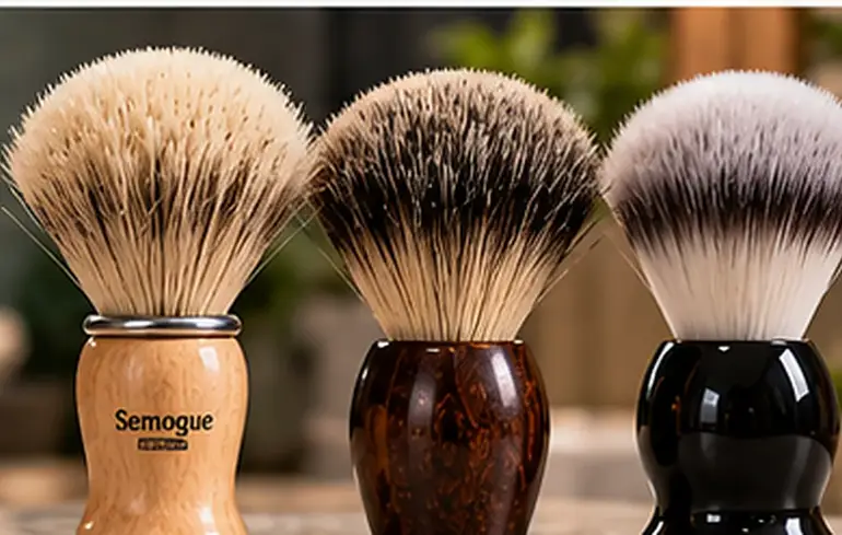 Três pincéis de barbear tradicionais com diferentes fibras e cabos.