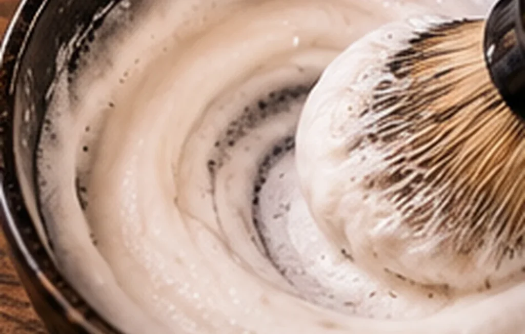 Pincel a preparar espuma de barbear numa taça escura.