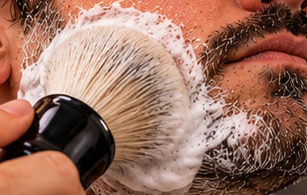 Aplicação de espuma com pincel diretamente na barba do rosto