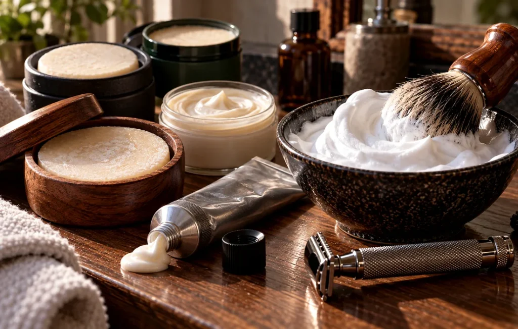 Produtos de cuidados faciais junto de pincel e taça.