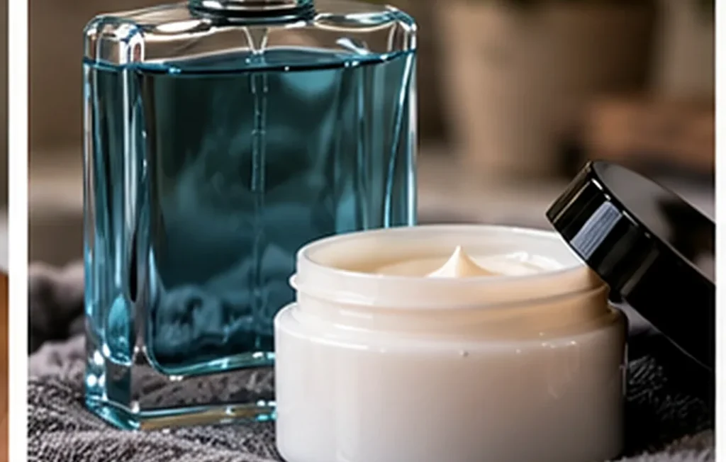Produtos hidratantes de pós-barbear junto a uma toalha.