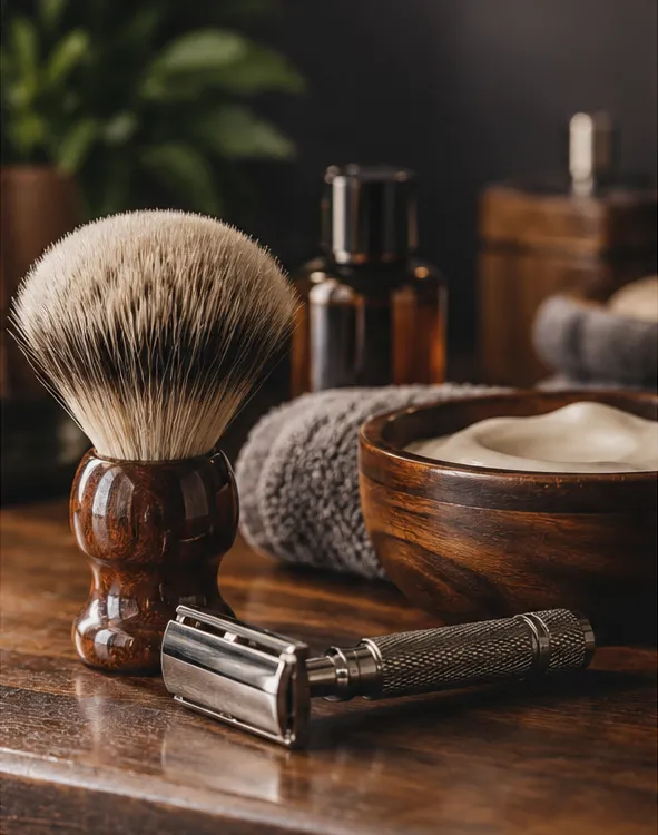 Pincel, máquina de barbear clássica e acessórios de wet shaving